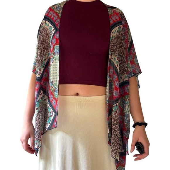 Band of Gypsies Tops - Band of Gypsies Colorful Kimono Patchwork  Geometric 3/4 Sleeve Asymmetric Boho